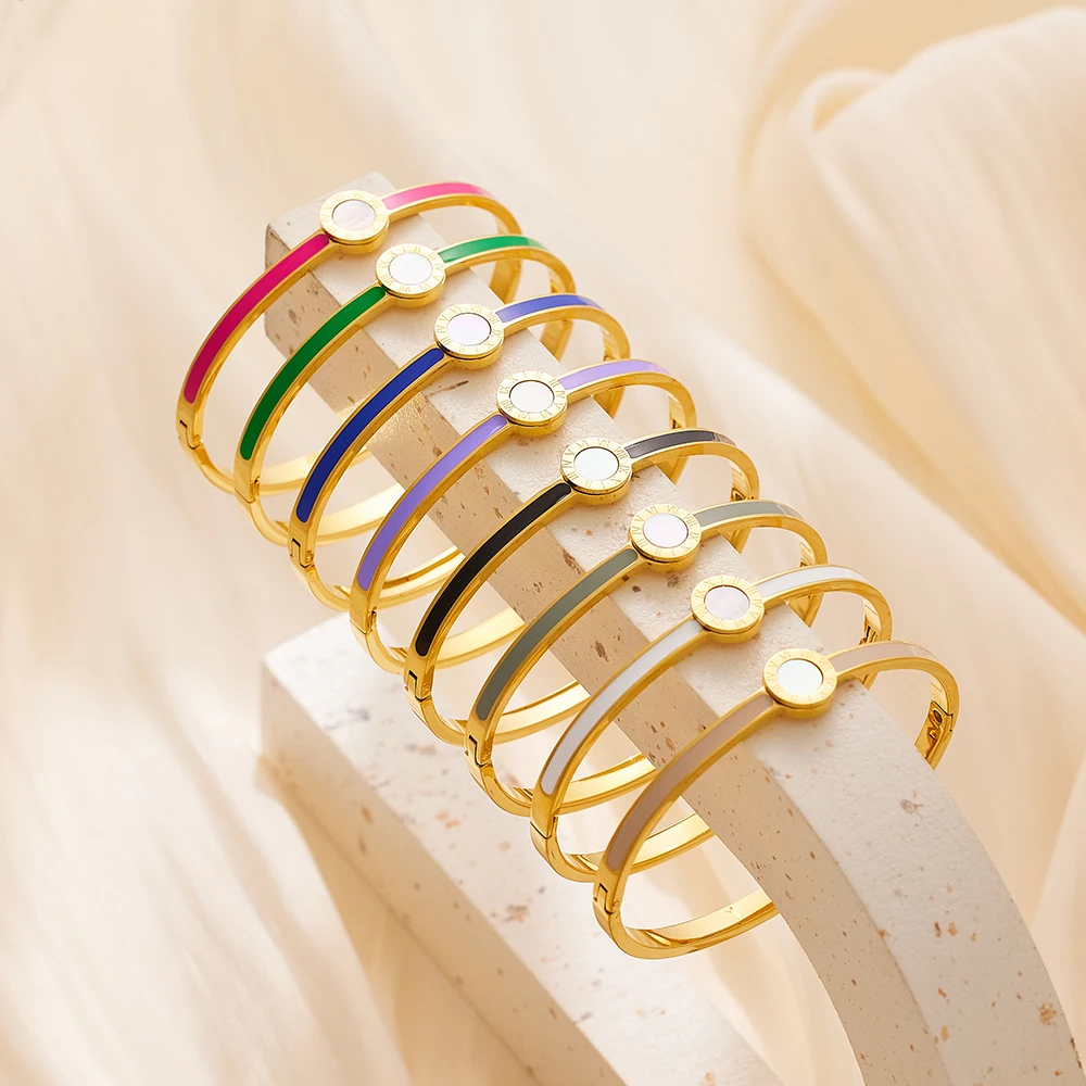 

2023 New Stainless Steel 18K Plated Gold Luxury Colorful Drip Oil Enamel Shell Bracelet Fashion Jewelry Bracelets&Bangles