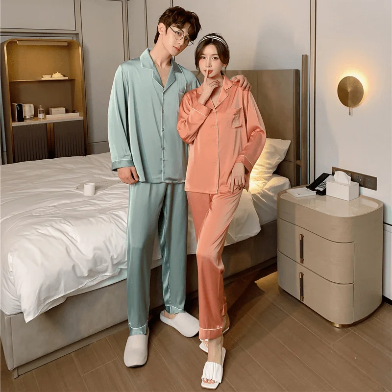 

New Spring And Autumn Long sleeves Couple Silk Pajamas Female Ice Silk Men'S Pijamas Women'S Sleepwear Home Wear, Gray, green, orange