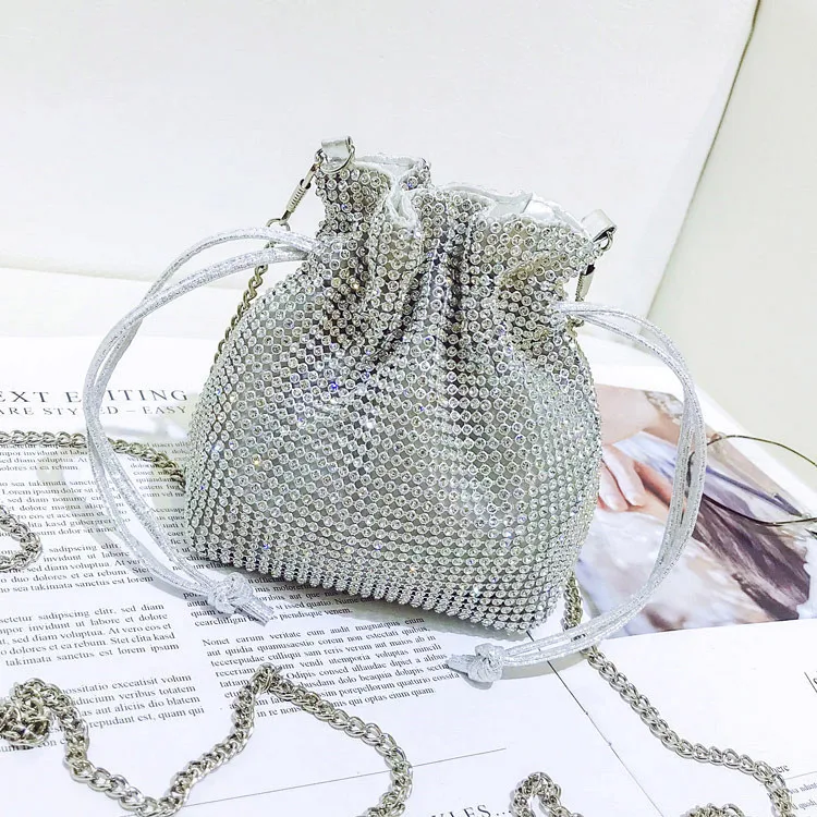 

2021 Drawstring Bucket Shape Mini Crystal Women Diamond purses Shoulder Bags Ladies Women, 2 colors