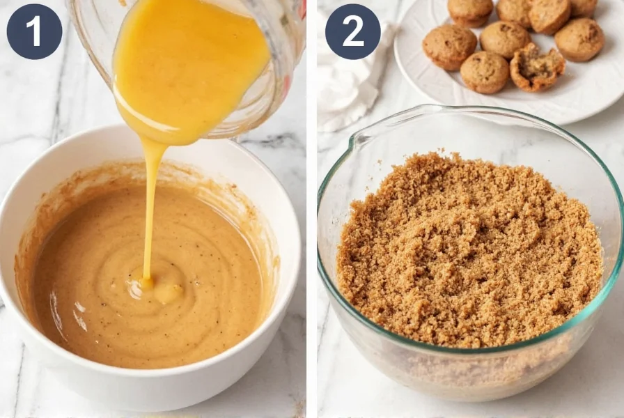 Step-by-step process of making cinnamon coffee cake muffins showing batter preparation and streusel application