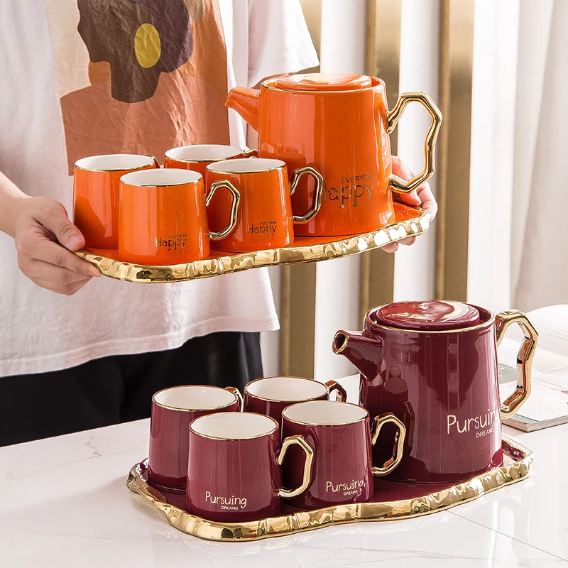 

Feiyou custom wholesale Nordic style Ceramic Teapot Set Simple Gift Painted Cup and saucer sets Ceramic Creative Coffee mugs Set, As the picture show