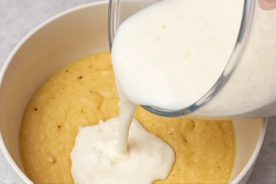 Blended cottage cheese poured into cinnamon roll batter showing smooth texture