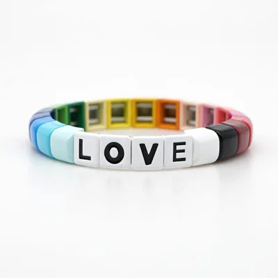 

New Fashion Rainbow Enamel Bead Bracelet Alloy Stretchy "Love" Tile Bracelet Letter Jewelry Gift For Women, Multi