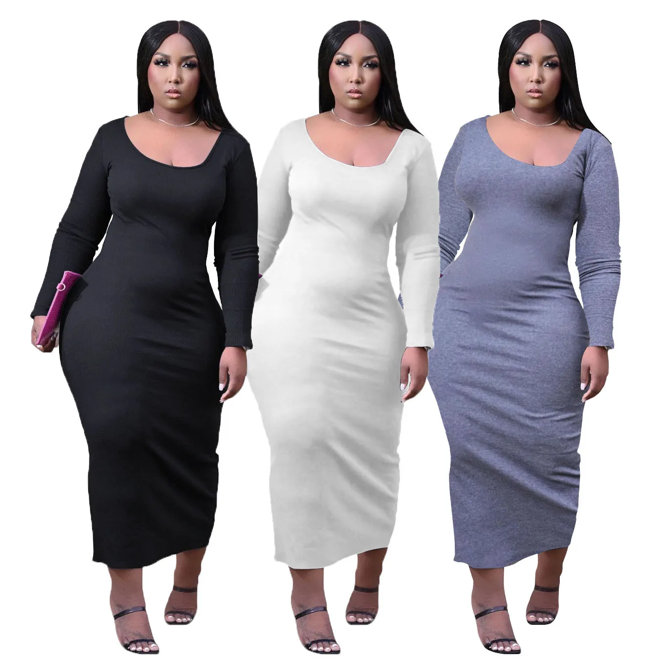 

2021 European and American plus size women's clothing U-neck solid color casual slim sexy plus size dress