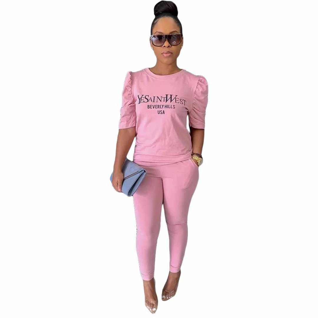 

New Design Women Trendy Puff Half Sleeve Top Letter Printed Casual 2 Piece Set Women Clothing