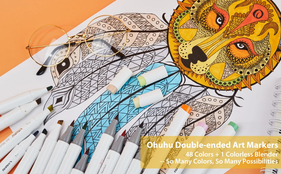 Ohuhu illustration Marker 48 Colors Brush Type With Blender Pen & Carrying Case 