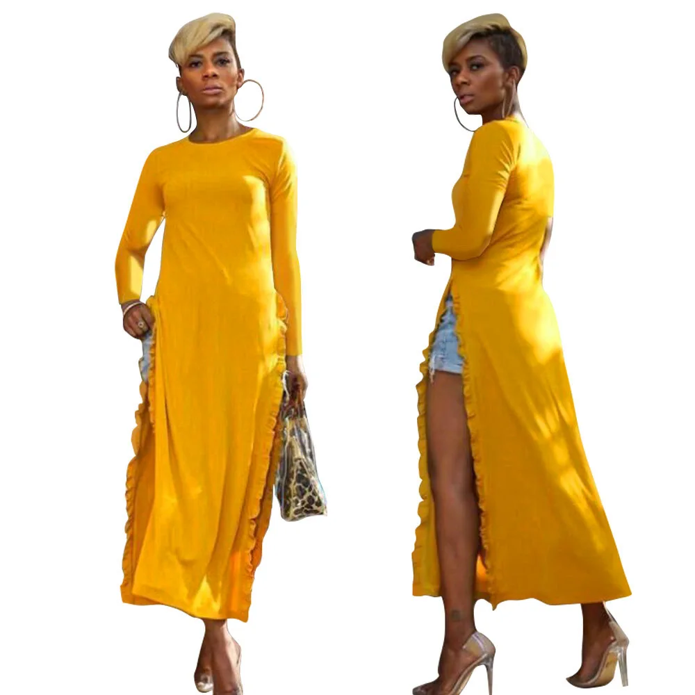 

B54508A Cross-border women clothing fashion ruffled side slit long dress, Yellow