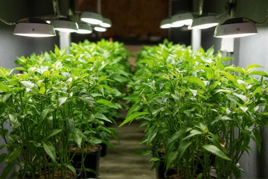 Indoor pepper plant setup with LED grow lights, showing proper distance between lights and plants in winter dormancy