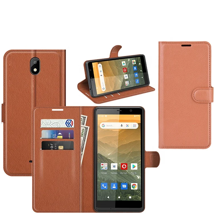 

For Vodafone Smart E11 Folio Lichi Grain Pu Leather Wallet Flip Case Back Cover Brown