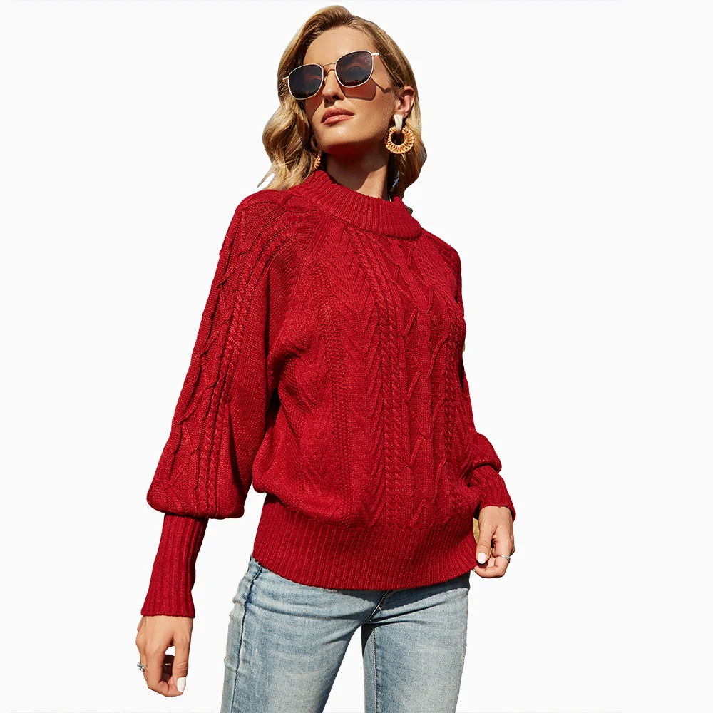 

Wholesale New Design Solid Color Long Lantern Sleeved Loose Turtleneck Knitted Ladies Pullover Women's Sweater