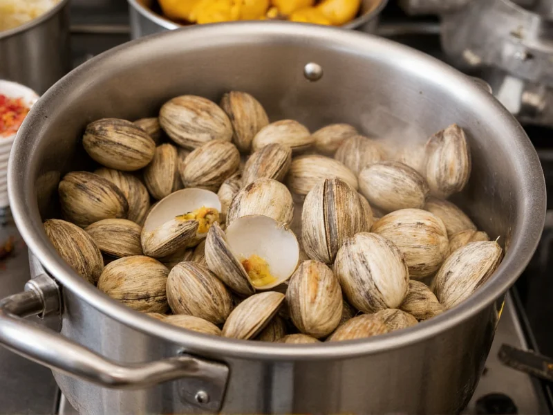 Fresh clams steaming in pot for homemade clam chowder