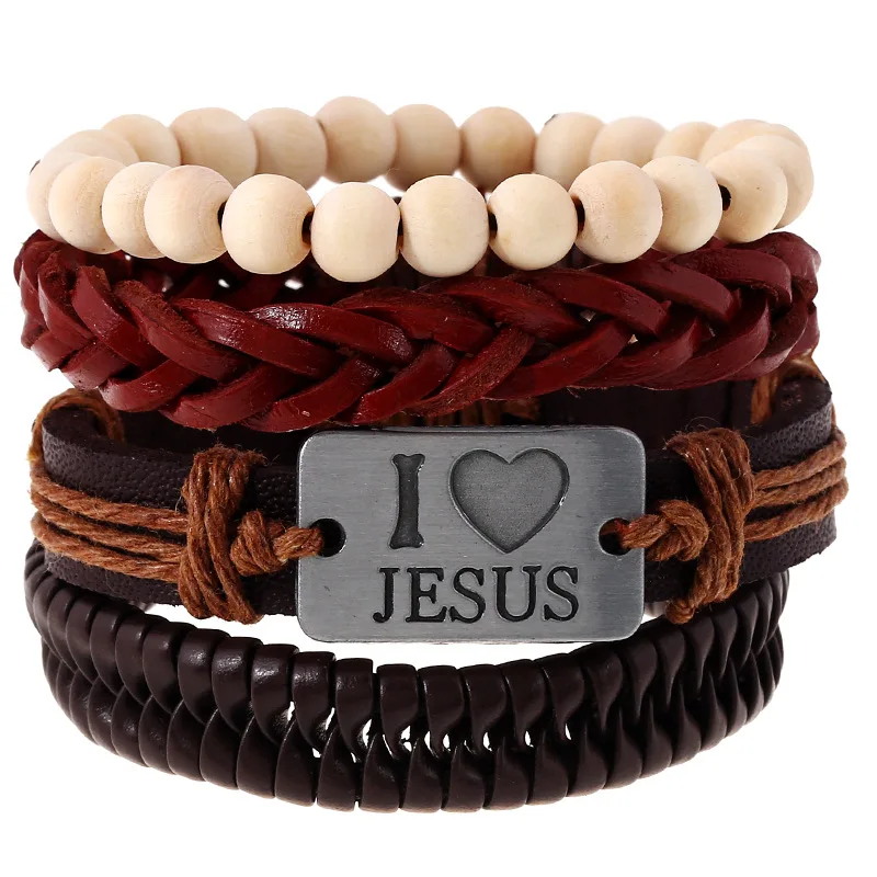 

Trendy Women Hemp Rope Braided Punk Style 4in1 A Set Multi-Layers Leather Wrap Wooden Beaded Religious I Love Jesus Bracelet