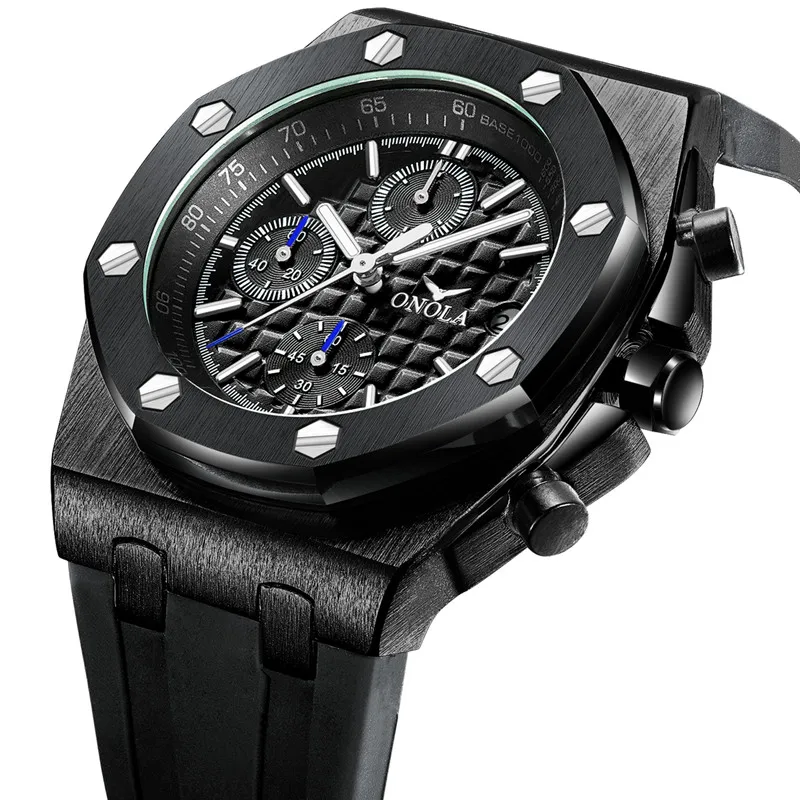 

ONOLA 6806 stylish black male quartz watch perfect Rubber band Waterproof Chronograph vintage sports wrist watch