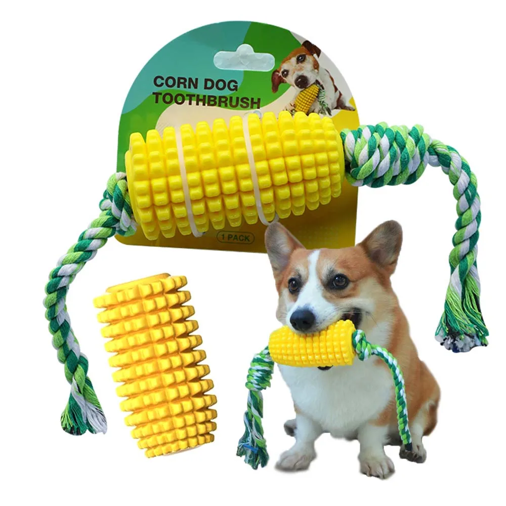 

ZMaker Natural Rubber Dog Toys Corn With Cotton Rope Tpr Chew Toothbrush For Pet Teeth Cleaning, Yellow