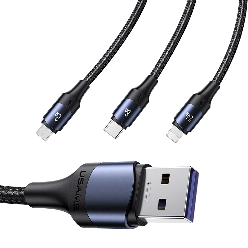 

USAMS SJ510 U71 1.2M Aluminum Alloy Braided usb c Super High Speed 6A 3 in 1 micro For Iphone Charging and Data Cable, Customized color