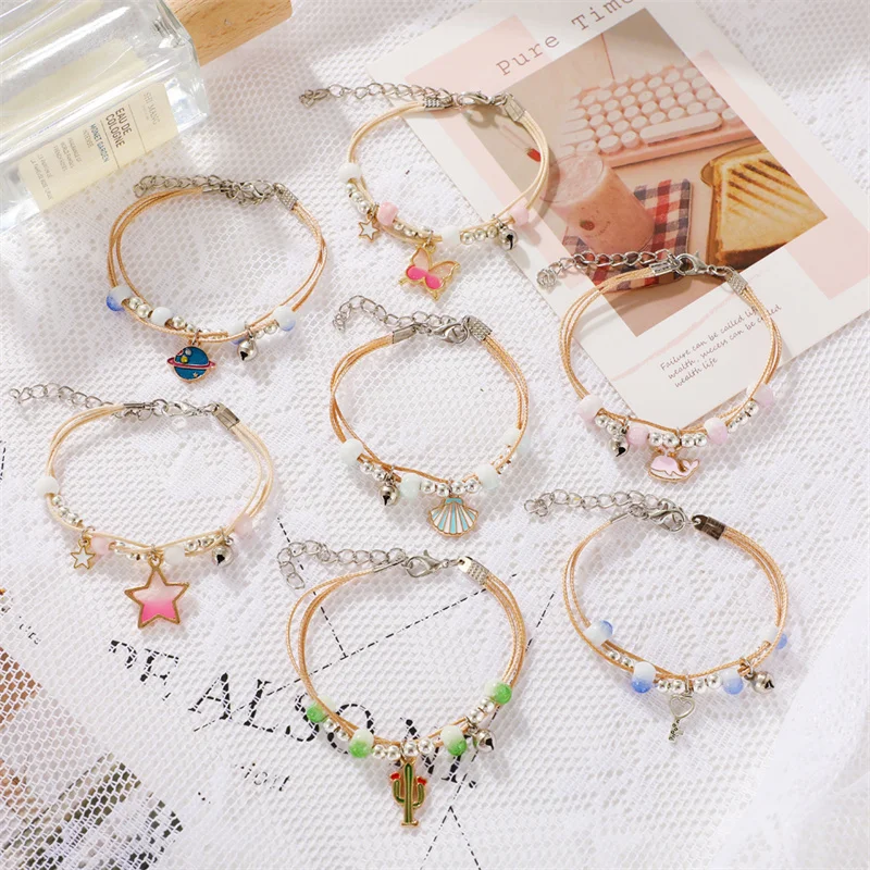 

FineToo New Rope beaded cartoon Butterfly Star Chain Bracelet set Bangle Jewelry Trendy Women Girls