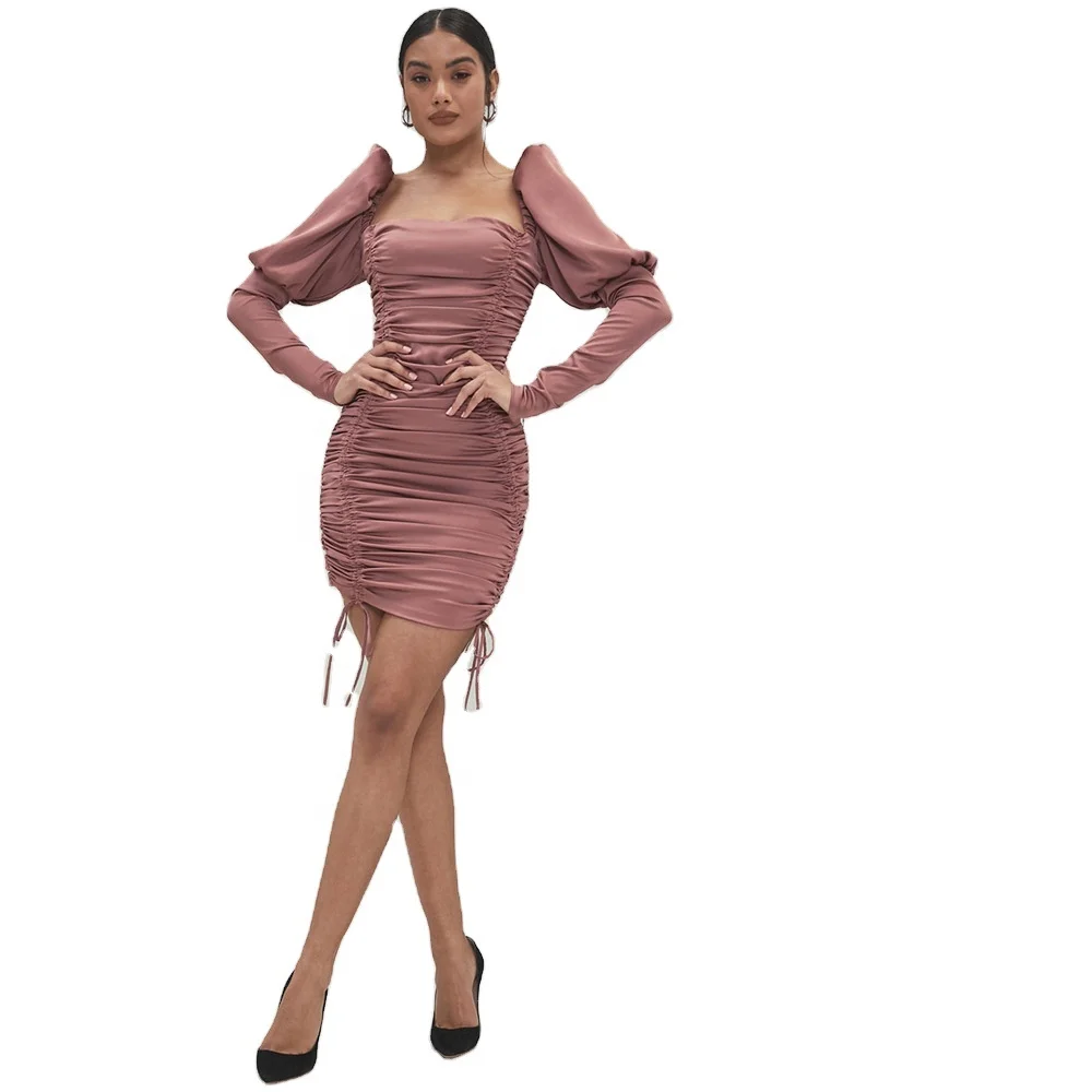 

2021 New Fashion Solid Color Sexy Long Sleeve Shirring Lace Up Bodycon Mini Dress Casual Dress for Women