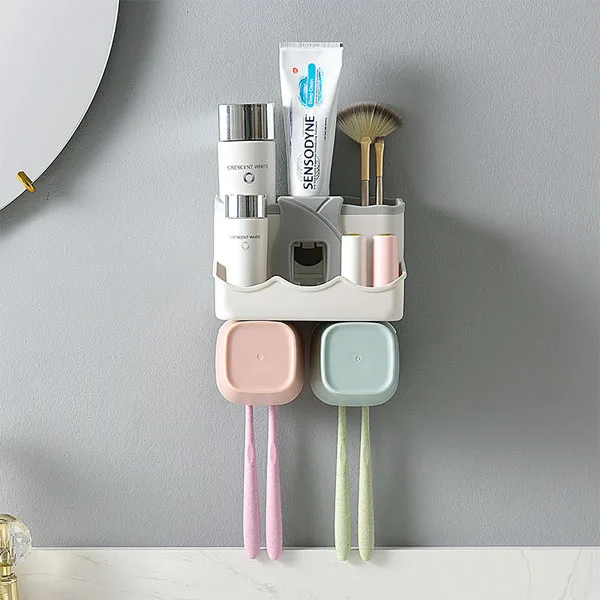

Dropshipping 2 Cups Automatic Wall Mounted Bathroom Toothpaste Dispenser With Toothbrush Holder