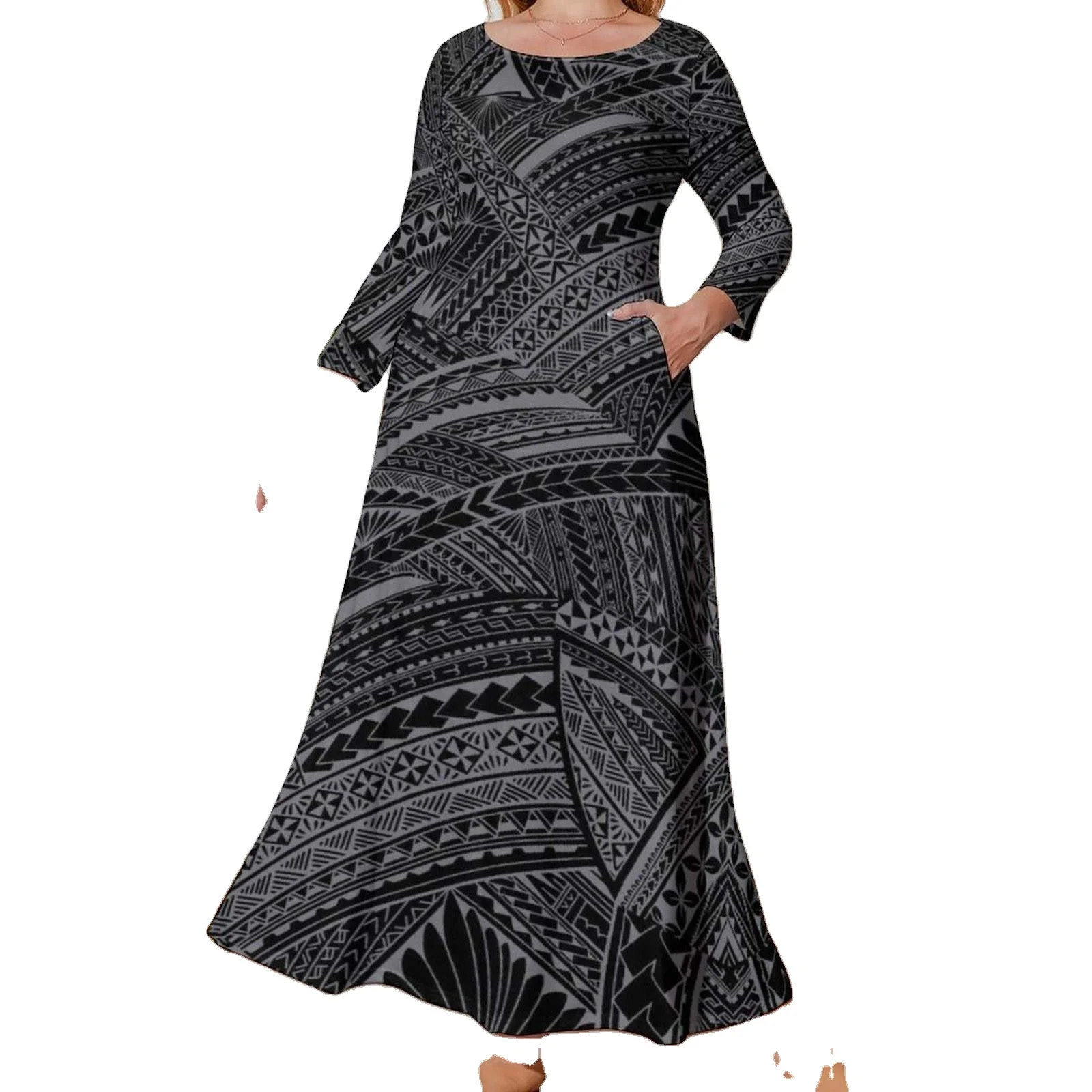 

Print On Demand New Arrive Polynesia Samoa Tribal Printed Women's Long Sleeved Dress Custom Women's Loose Big Size Dress, Customized color