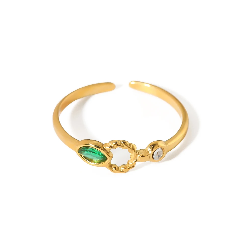 

New Luxury Stainless Steel Gold Plated Green White Cubic Zircon Emerald Open Finger Rings