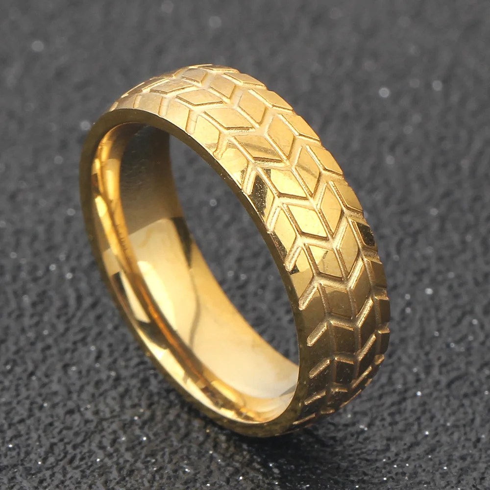 

Fashion Wholesale New Tire Ring Stainless Steel Tyre Ring Retro Punk Style Tire Pattern Gold Plated Ring