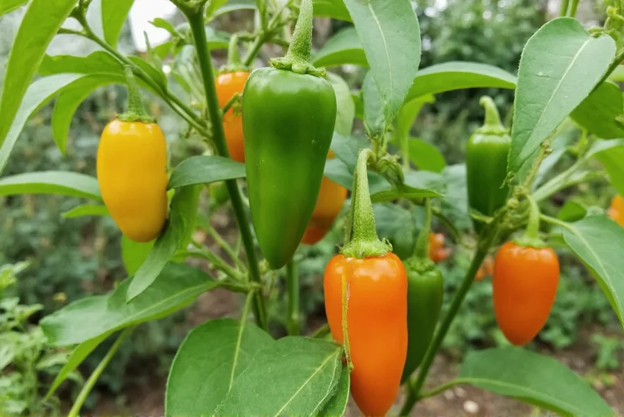 Jigsaw pepper plants growing in garden with multiple fruit stages visible from green to orange