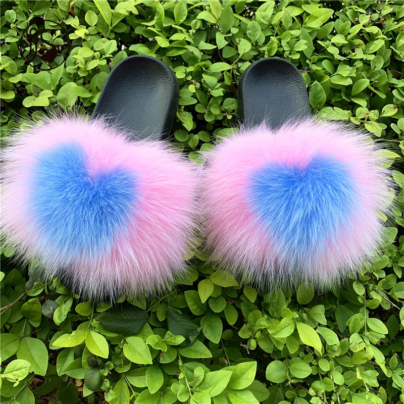

Good quality fashion ladies slippers lady slippers real fox fur slippers colorful fur slides with flat bottom, Picture