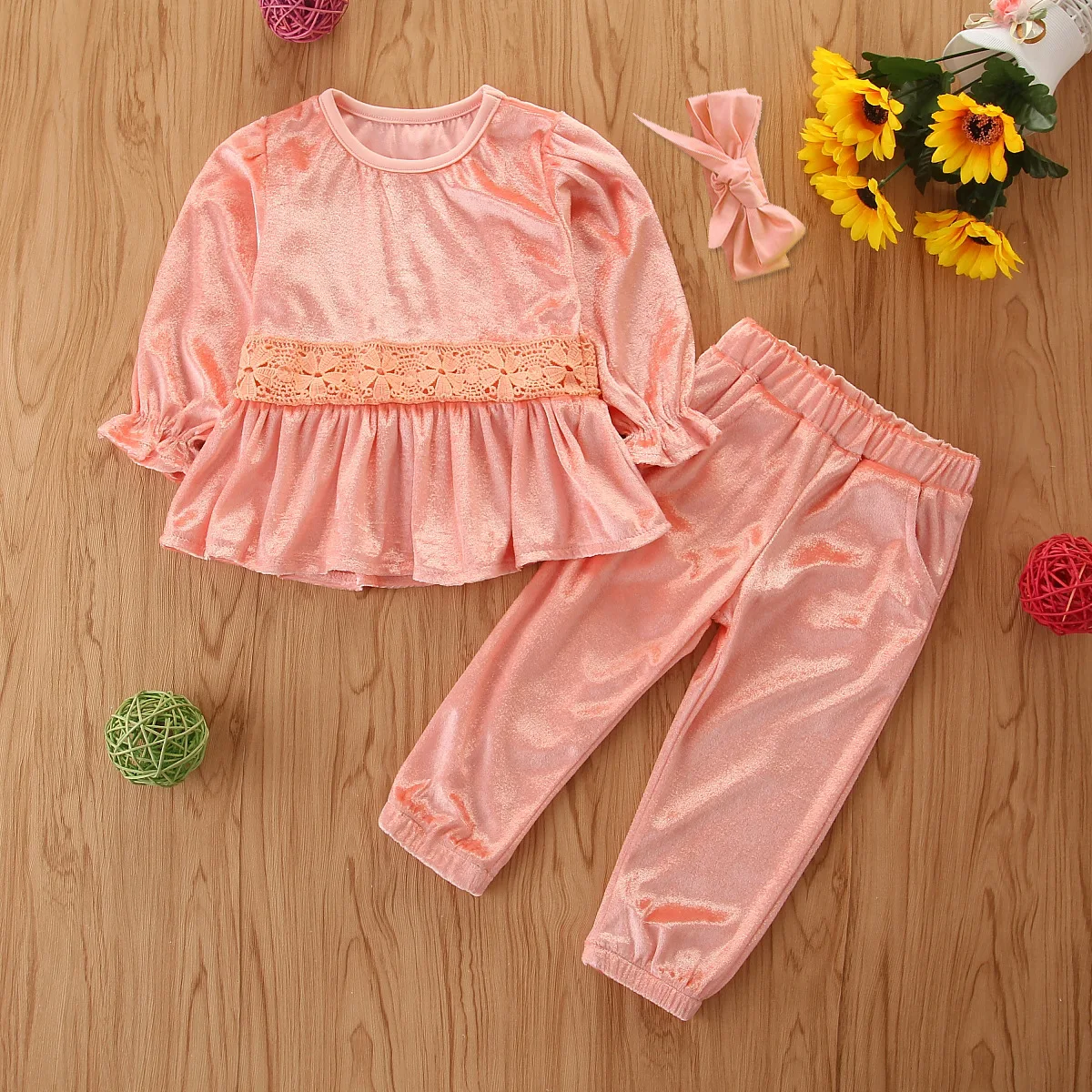 

B53764A Korea style autumn new children pants set little girls pink pleuche t-shirt with pants