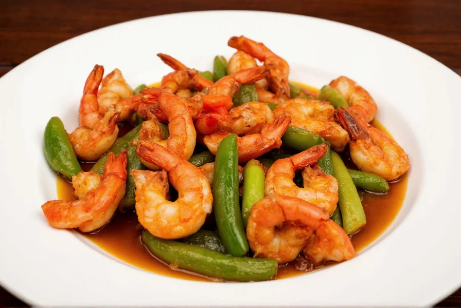 Perfectly cooked pepper shrimp with vibrant bell peppers in a glossy sauce on white plate