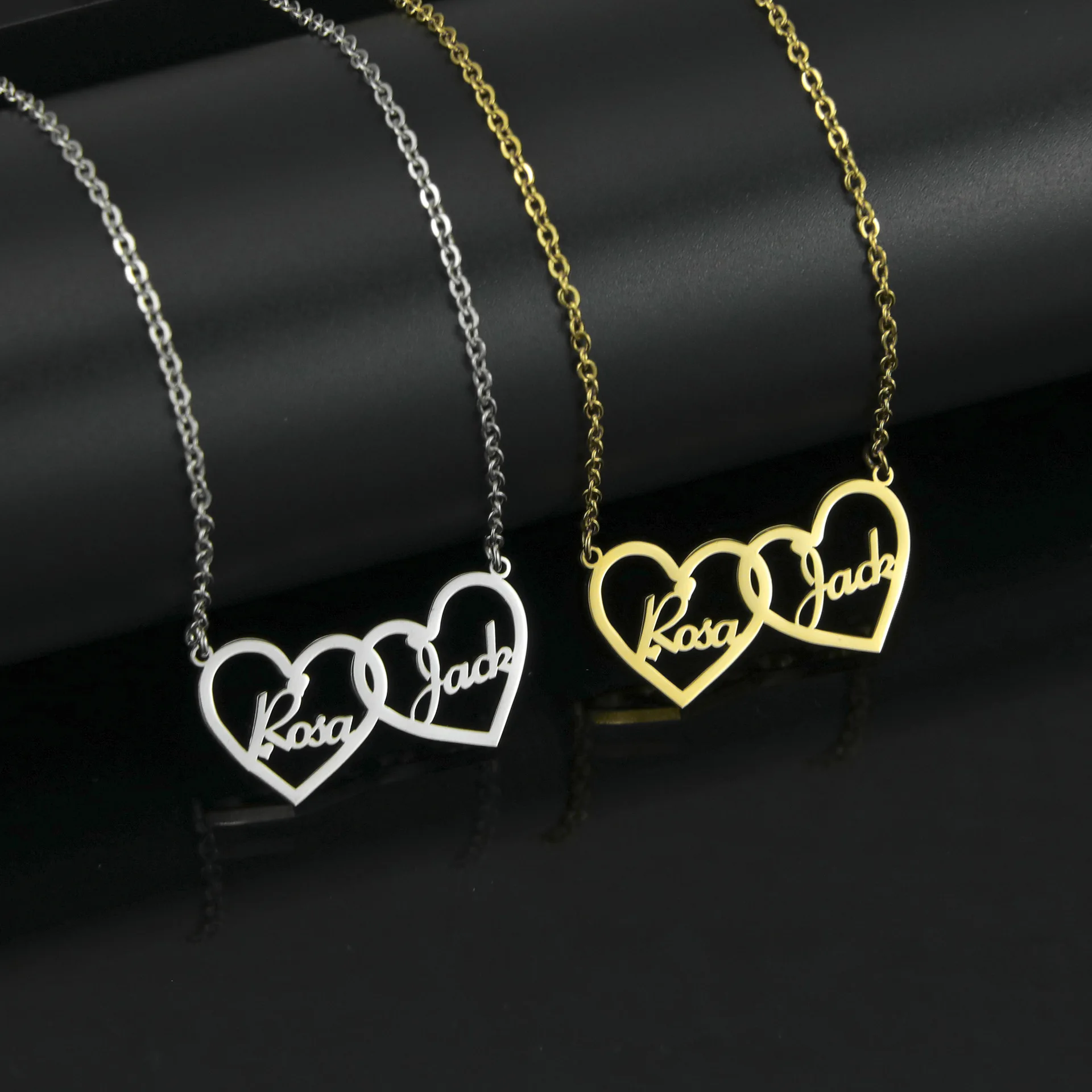 Qiuhan Stainless Steel  Name Double  Heart Shape  Personalization Two Name Necklace Couple Gift