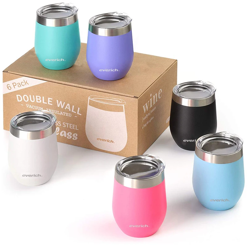 

4 Pack 12OZ Unbreakable double Insulated Stemless Wine coffee beer Tumbler Stainless Steel Wine Glass Cup with Lids, Customized color