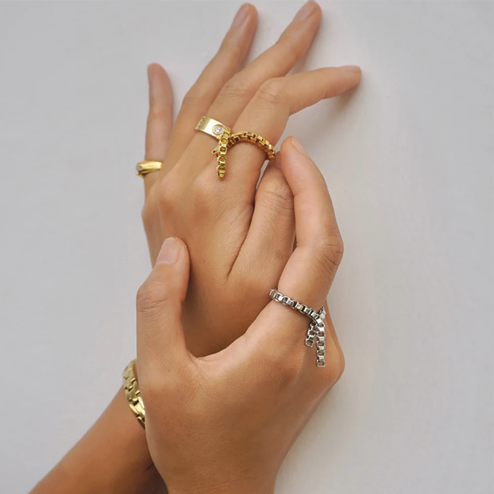 

14k real gold plated box chain ring for women girl brass Irregular minimalism hippop rings R0222