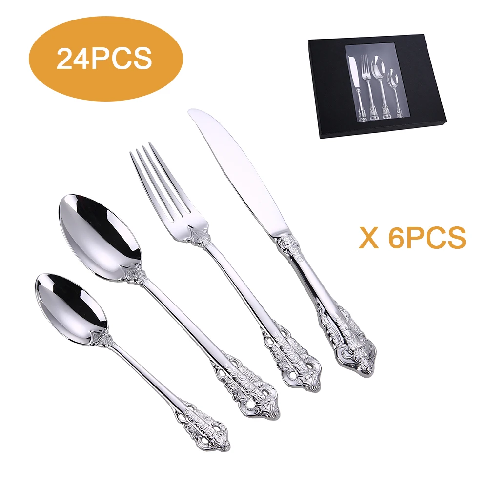 

Vintage Stainless Steel 16/24 Pieces Gold Flatware Wedding Cutlery Set, Silver