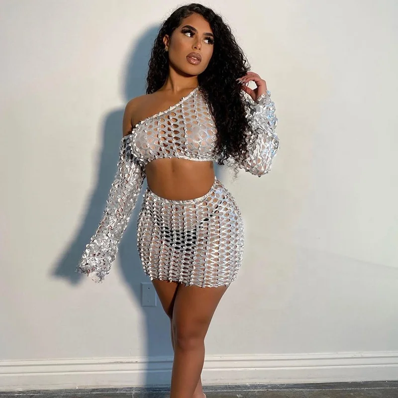 

Sexy Night Club Hollow Out Women One Shoulder See Through Two Piece Skirts Dress