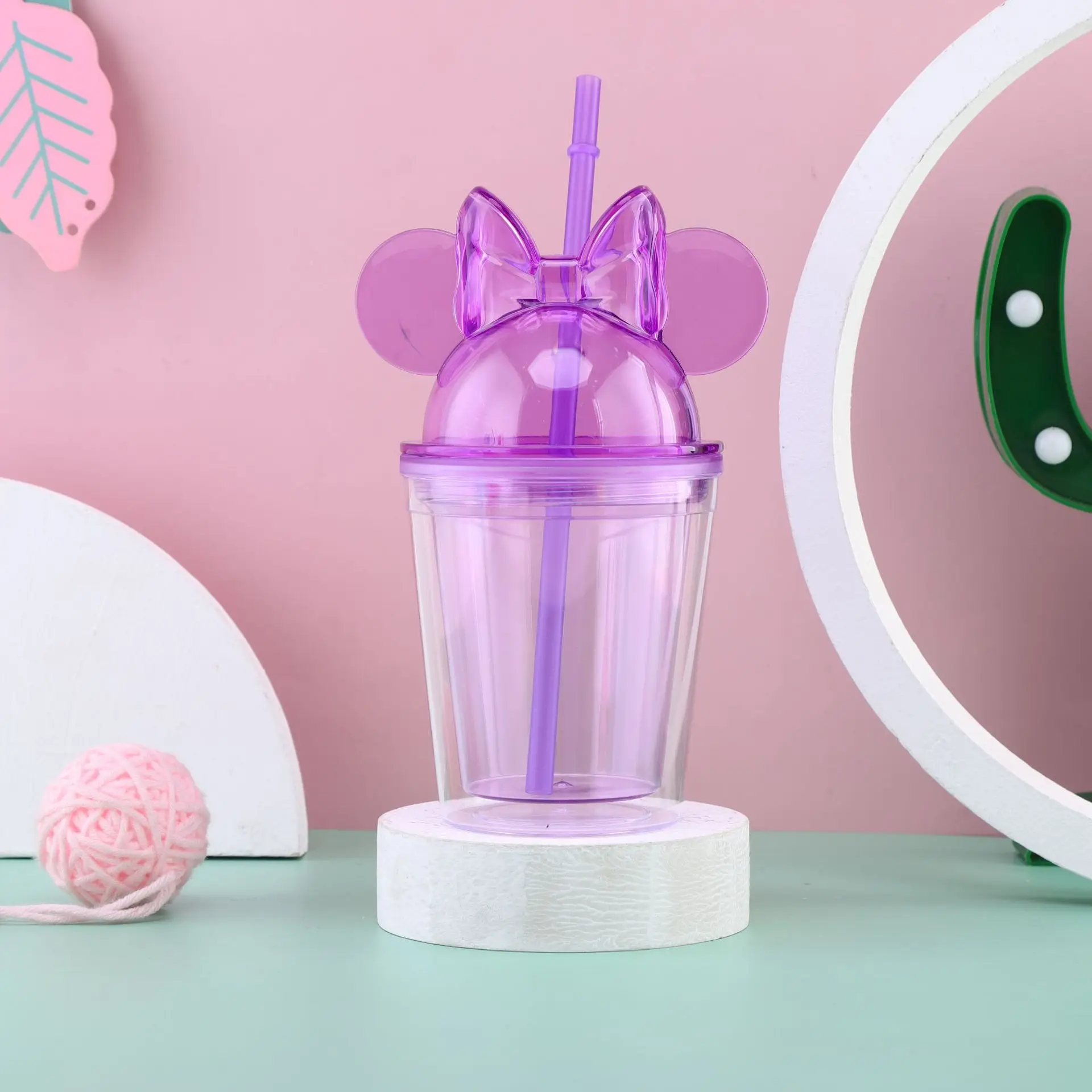 

Hot Sale Bpa Free Clear Acrylic Minnie Mouse Cups 350ml Double Walled Plastic Mickey Mouse Tumbler Mug With Straw, Customized color acceptable