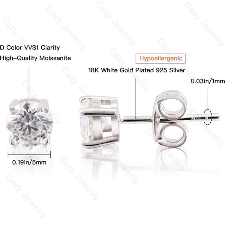 

Cazy 925 sterling silver set earring hypoallergenic 0.5ct 1ct white gold zircon earrings