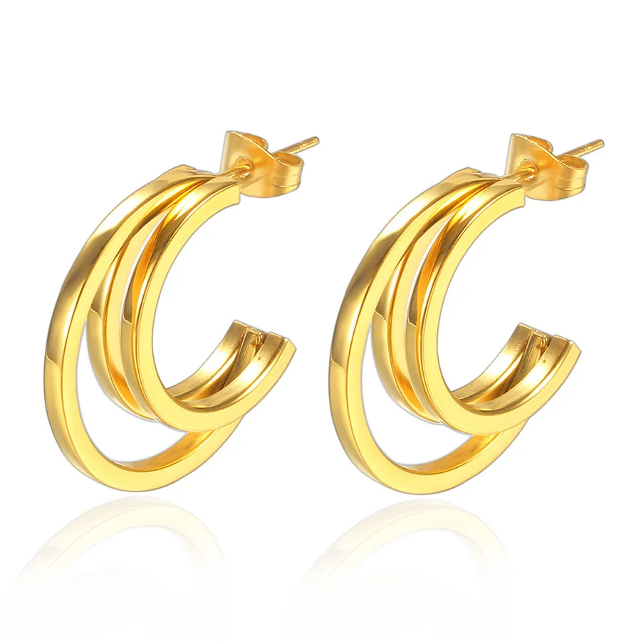 

New Arrival 18K Gold Plating C Shape Women Stainless Steel Earrings Triple Round Hoop Earrings For Women Girls