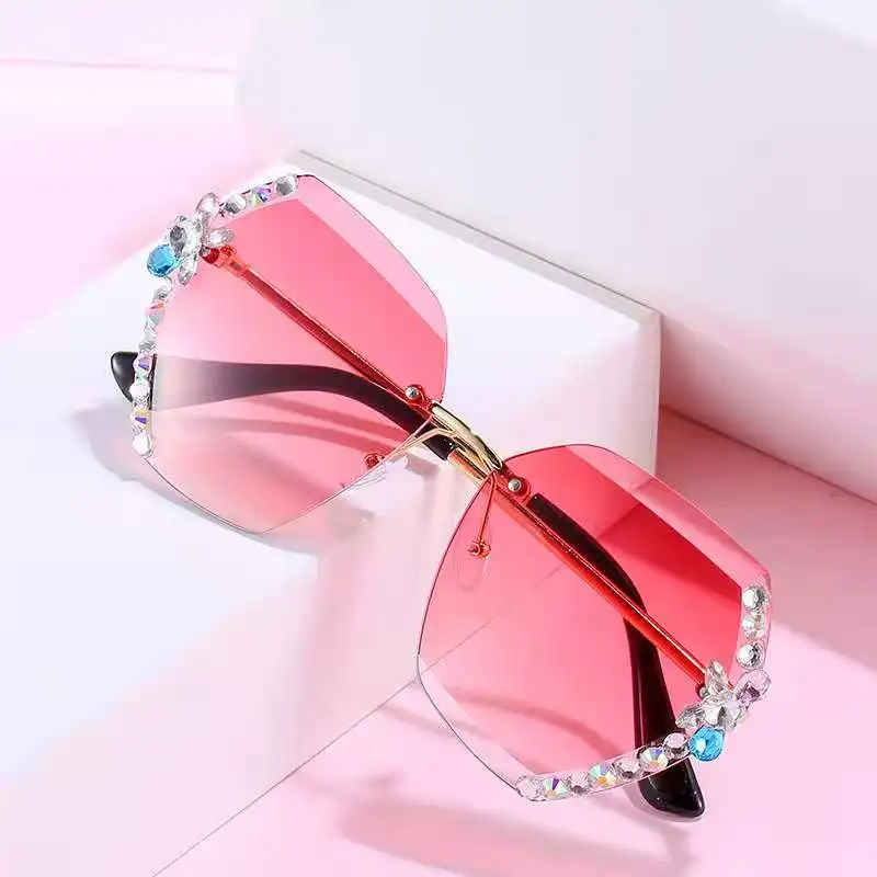 

Rimless Rhinestone Fashion Brand Design Vintage Women Men Retro Cutting Lens Gradient Sun Glasses Female Sunglasses, 5colors