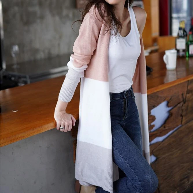 

Rainbow Multicolor Striped Cardigan Women Sweater V-neck Long Stitching Autumn Winter Long Sleeve Sweater for Women