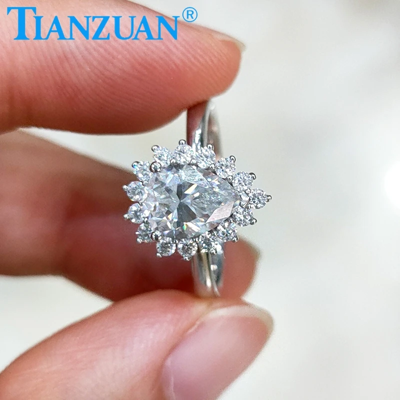 

925 silver Pear with round brand ring 6x8mm 1.25ct white Moissanite Rings Flower Fancy Jewelry