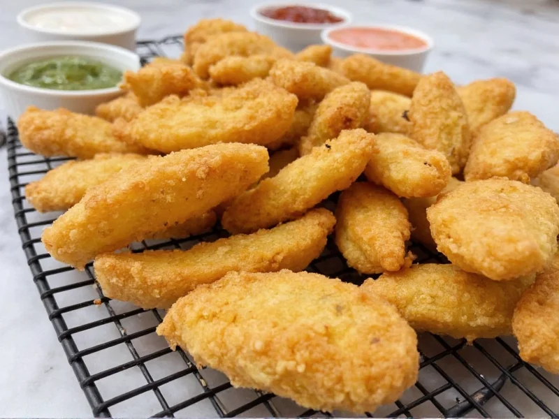 Crispy fried pickles served on wire rack with dipping sauces