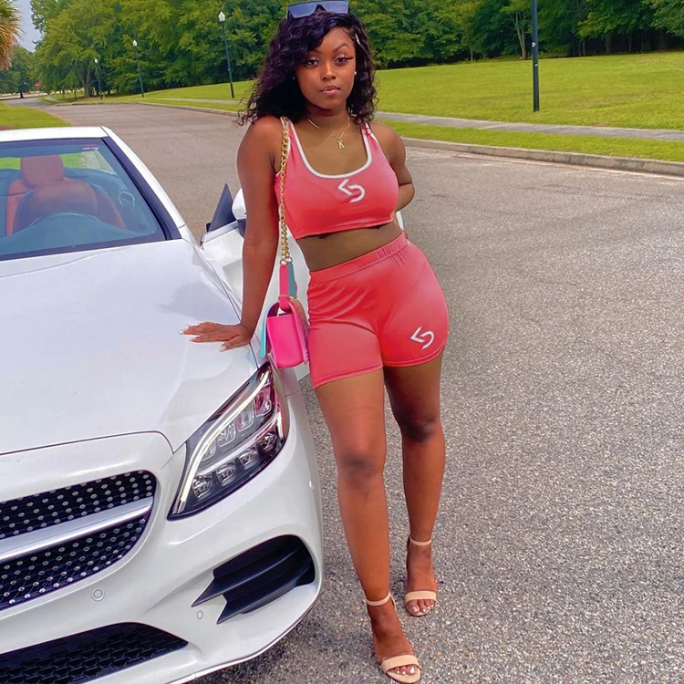 

Casual Cami With Short Pants Set Ladies Summer Tracksuit Two Piece Crop Top Shorts Set -PT, Red