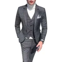 

High Quality Top Brand Grey 3 Pieces Slim Fit Office Uniform Coat Pant Men Suits