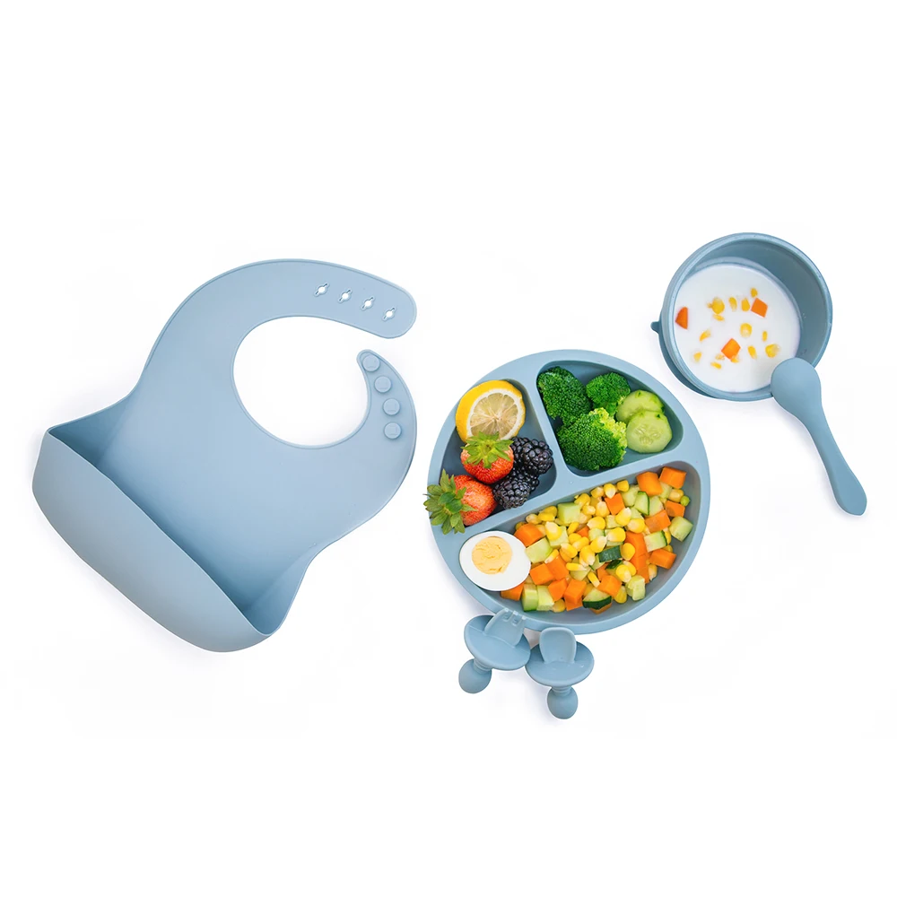 

solid silicone products baby bibs suction bowls plates spoon and fork feeding set