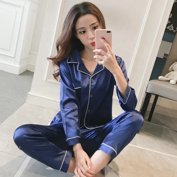 

Blue Silk Long Sleeve Plus Size Elegant Women Europe Style Pajamas Pant