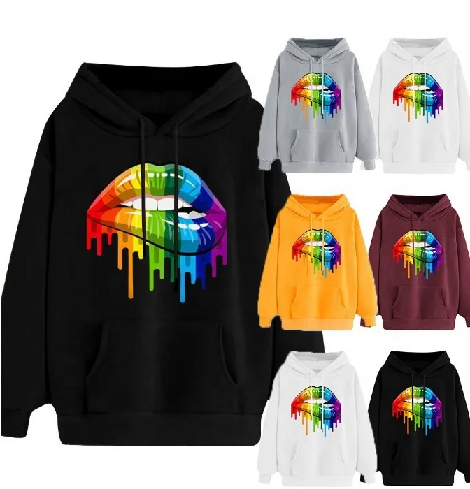 

Aselnn Oversized Hoodies Women Fluffy Sweatshirt Ladies Winter Baggy Lips Print Long Sleeve Hooded Hat Tunic Plus Size Black Yel