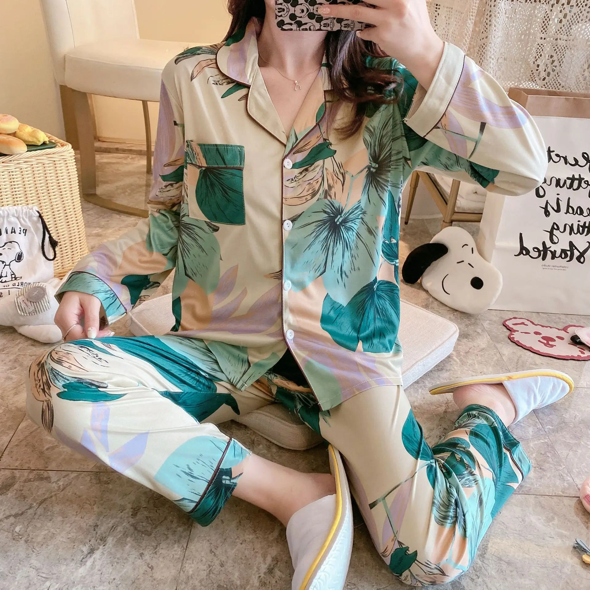 

Grosir Piyama China Daster Import Long Sleep Wear Baju Tidur Wanita Lady Pyjama Set Floral Pajama 2 Piece Women Cotton Sleepwear