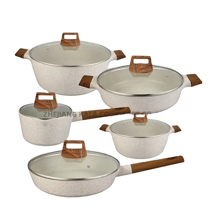 

High quality non stick cookware sets non stick frying pan fry pan non stick set aluminium cooking pots cookware wooden design, White marble color