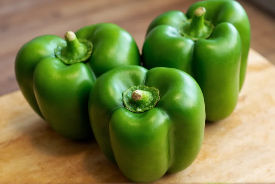 Close-up of fresh poblano peppers showing their distinctive heart shape and dark green color on wooden cutting board