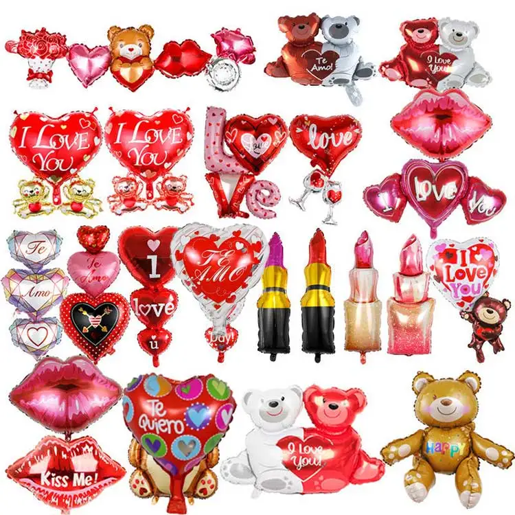 

Wholesale Aluminum Globos Happy Anniversary Ballon Valentines Day Wedding Party Decoration Love Bear Lips Red Heart Foil Balloon